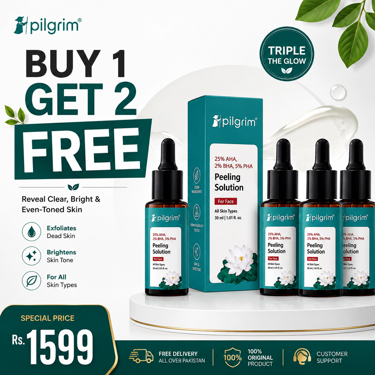 Pilgrim 25% AHA + 2% BHA + 5% PHA Peeling Solution serum Buy 1 Get 2 Free