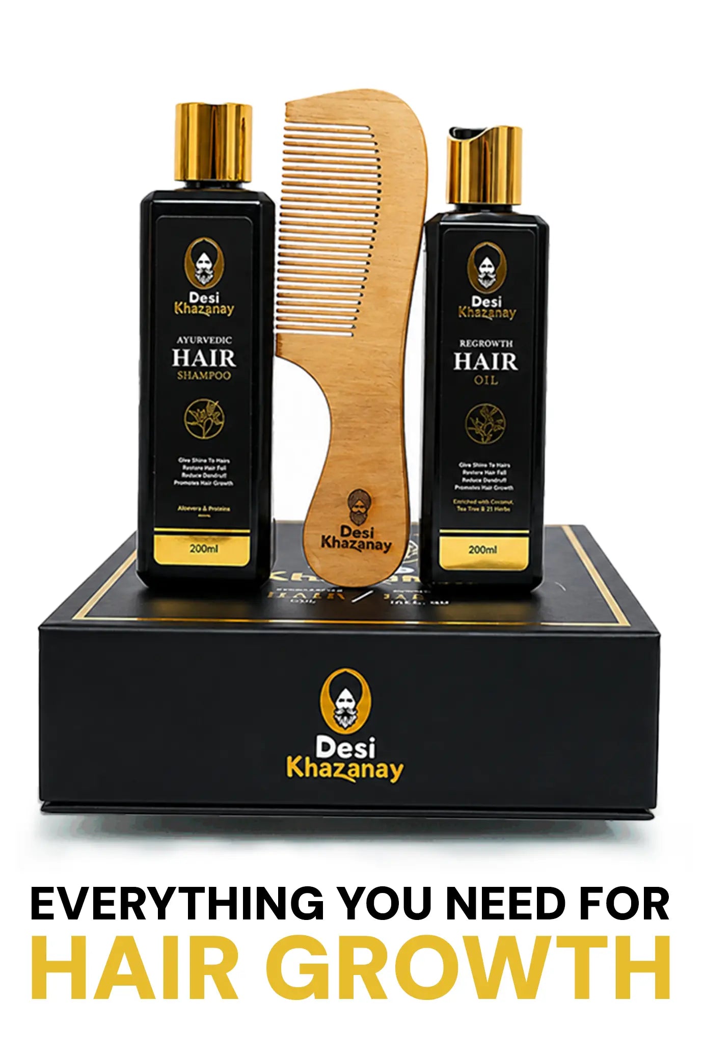 Hair Growth Bundle Pakistan – Complete Hair Care Set (Hair Oil + Shampoo + Wooden Comb)