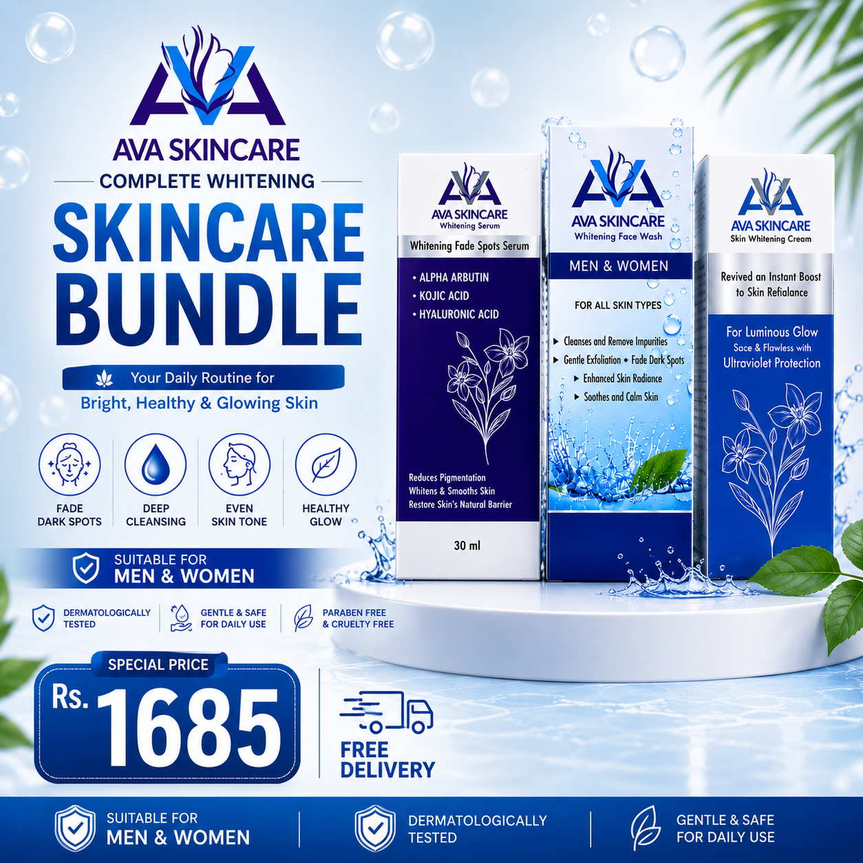 AVA 3 in 1 Skin Care Bundle (Face wash,Serum,Men & Woman Night Cream)